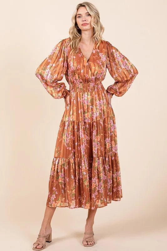 Mittoshop Flower Print Satin Lurex Stripe Smocked Midi Dress - Love Salve