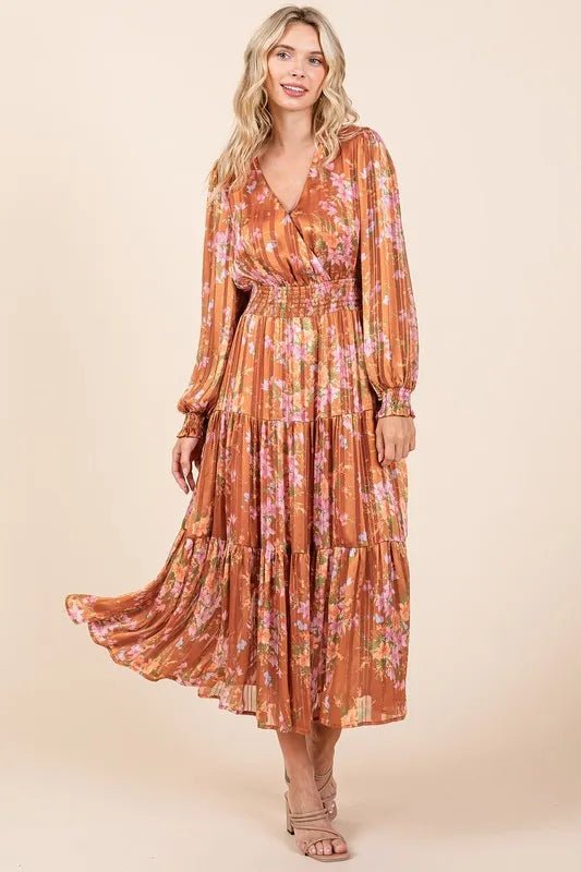 Mittoshop Flower Print Satin Lurex Stripe Smocked Midi Dress - Love Salve