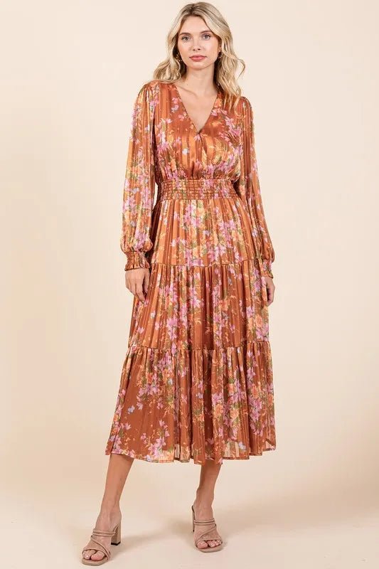 Mittoshop Flower Print Satin Lurex Stripe Smocked Midi Dress - Love Salve