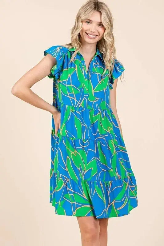 Mittoshop Leaf Print Ruffle Sleeve Tiered Mini Dress For Women - Love Salve