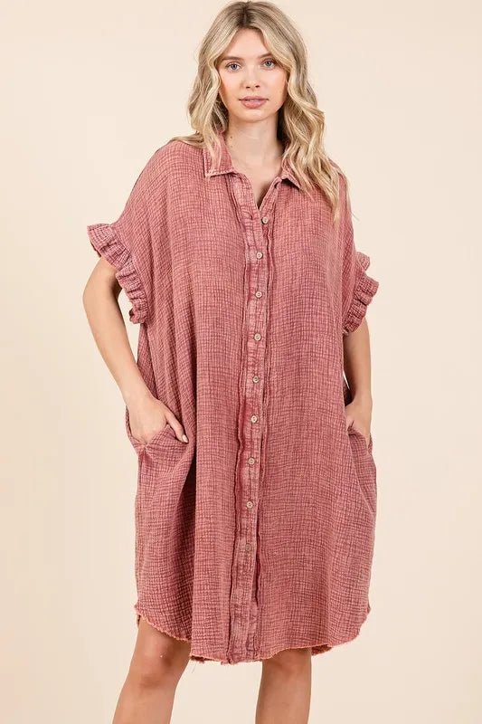 Mittoshop Mineral Wash Cotton Gauze Mini Shirt Dress Chic - Love Salve