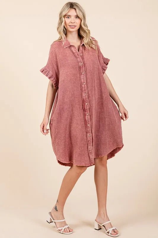 Mittoshop Mineral Wash Cotton Gauze Mini Shirt Dress Chic - Love Salve