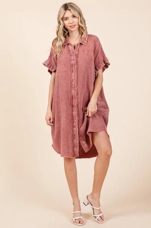 Mittoshop Mineral Wash Cotton Gauze Mini Shirt Dress Chic - Love Salve