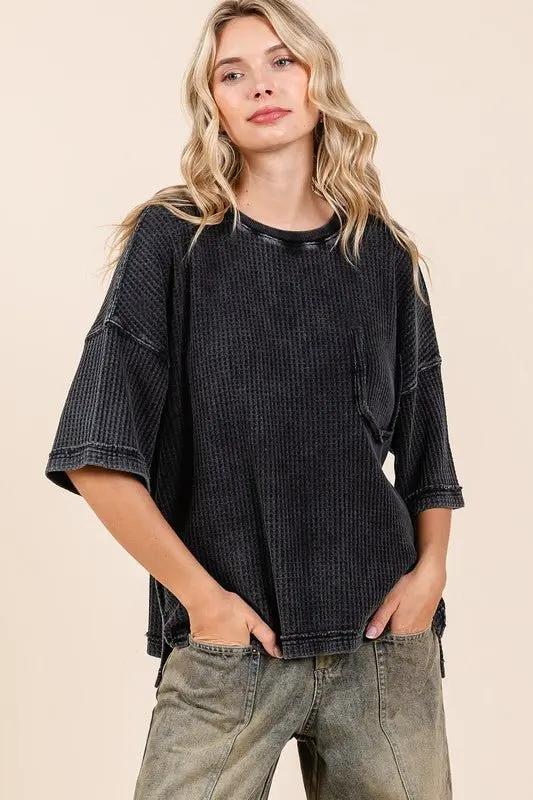 Mittoshop Mineral Wash Waffle Knit Short Sleeve Top for Women - Love Salve