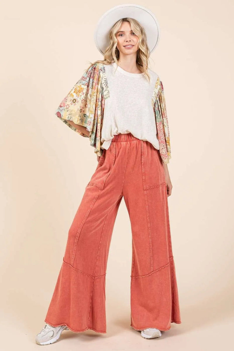 Mittoshop Mineral Wash Wide Flared Leg Pants for Women - Love Salve