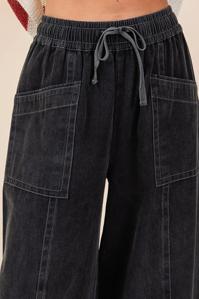 Mittoshop Mineral Wash Wide Leg Elastic Waist Twill Pants - Love Salve