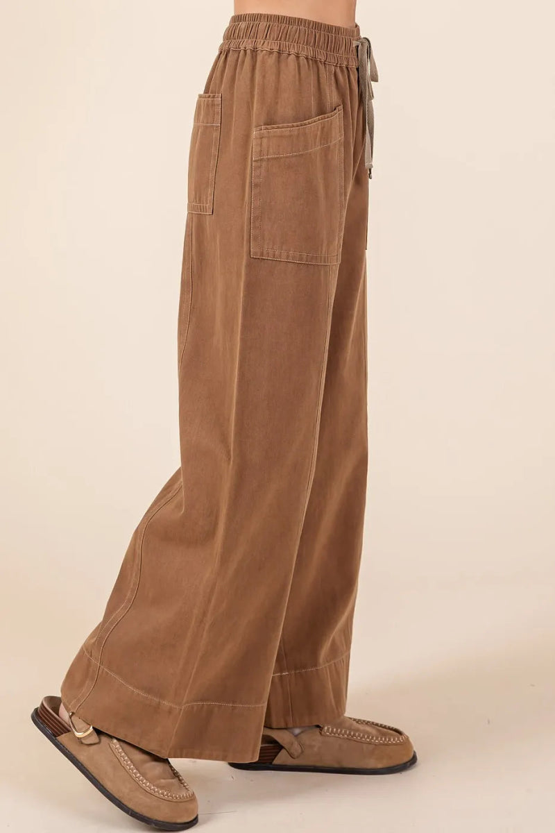 Mittoshop Mineral Wash Wide Leg Elastic Waist Twill Pants - Love Salve