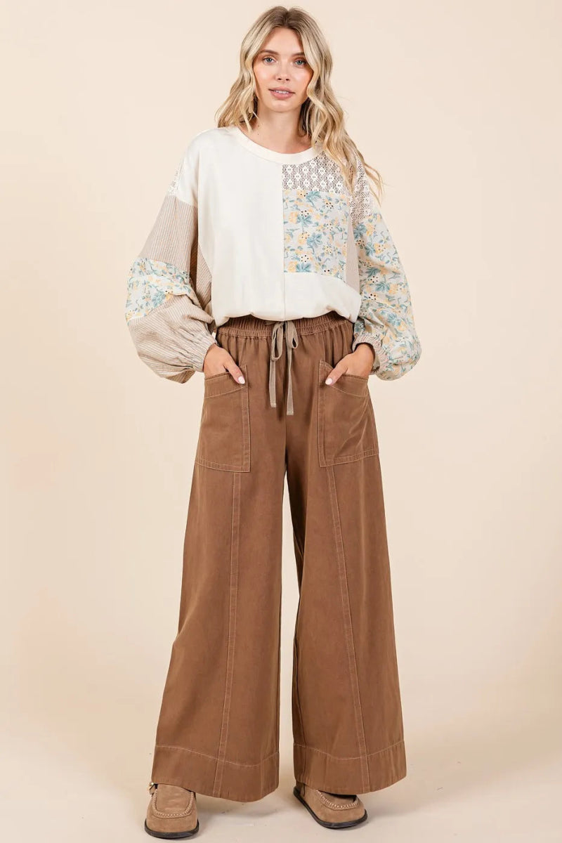 Mittoshop Mineral Wash Wide Leg Elastic Waist Twill Pants - Love Salve