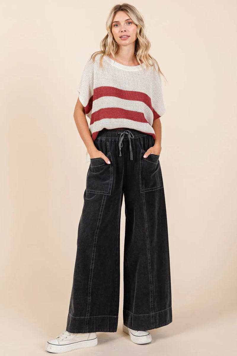 Mittoshop Mineral Wash Wide Leg Elastic Waist Twill Pants - Love Salve