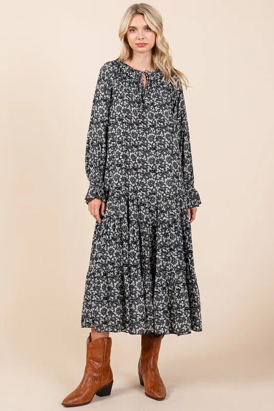 Mittoshop Printed Tie Neck Flounce Sleeve Midi Dress for Women - Love Salve