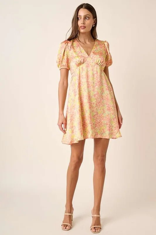 Mittoshop Printed V-Neck Puff Sleeve Mini Dress for Women - Love Salve