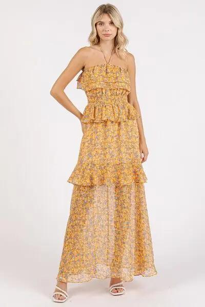 Mittoshop Ruffled Smocked Floral Halter Neck Maxi Dress - Love Salve