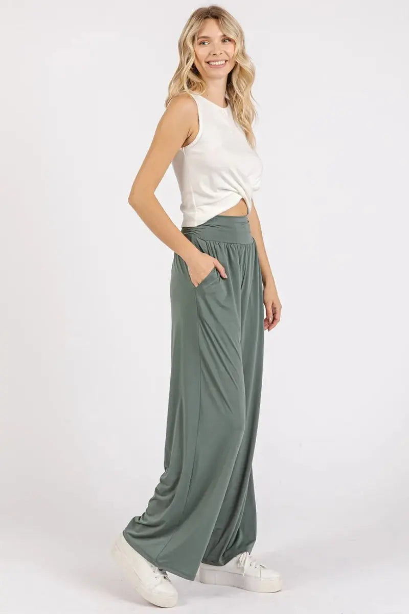 Mittoshop Stretch Banded Waist Wide Leg Pants with Pockets - Love Salve