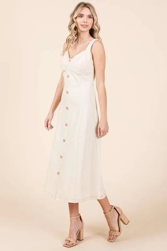 Mittoshop Stretch Twill Decor Button Sleeveless Midi Dress - Love Salve