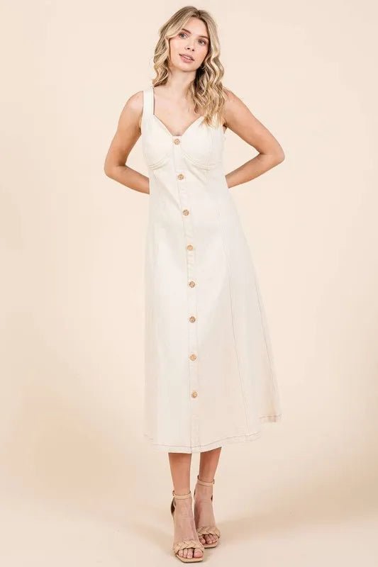 Mittoshop Stretch Twill Decor Button Sleeveless Midi Dress - Love Salve