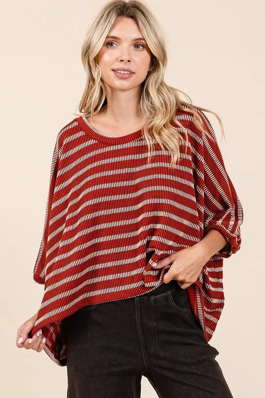 Mittoshop Texture Striped Print Round Neck Dolman Sleeve Top - Love Salve