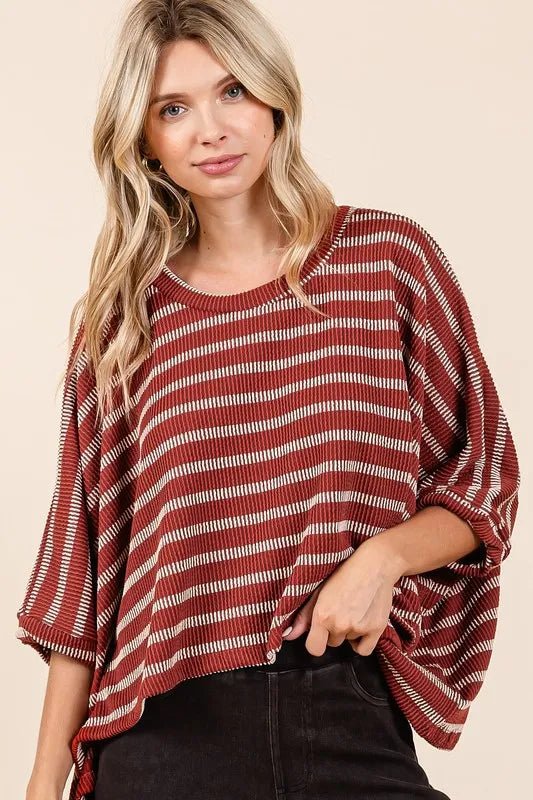 Mittoshop Texture Striped Print Round Neck Dolman Sleeve Top - Love Salve