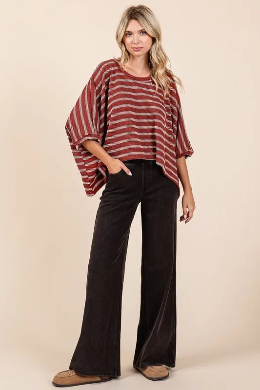 Mittoshop Texture Striped Print Round Neck Dolman Sleeve Top - Love Salve