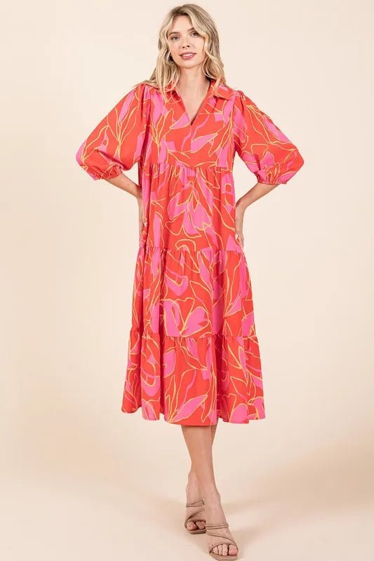 Mittoshop Tiered Printed Collared Neck Midi Dress for Women - Love Salve