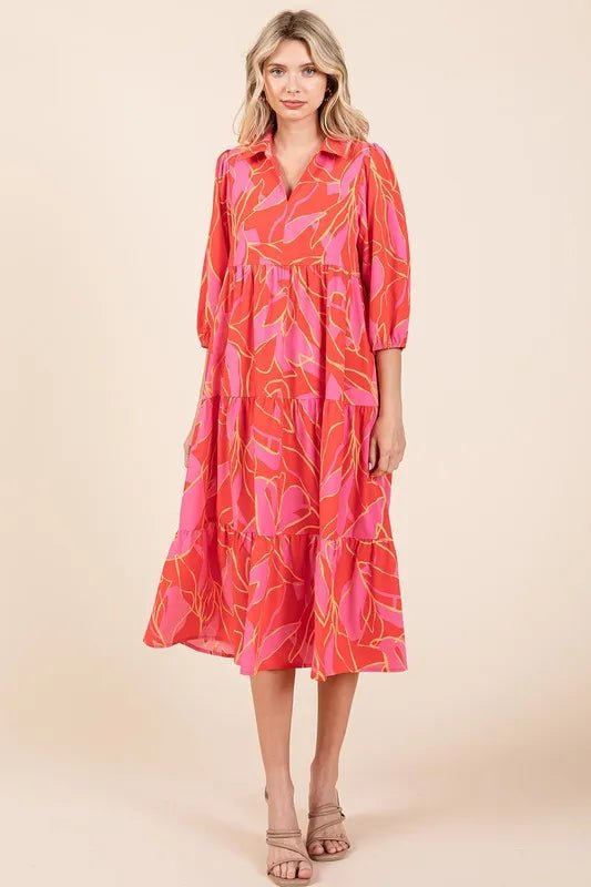 Mittoshop Tiered Printed Collared Neck Midi Dress for Women - Love Salve