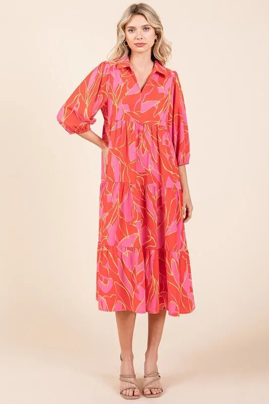 Mittoshop Tiered Printed Collared Neck Midi Dress for Women - Love Salve