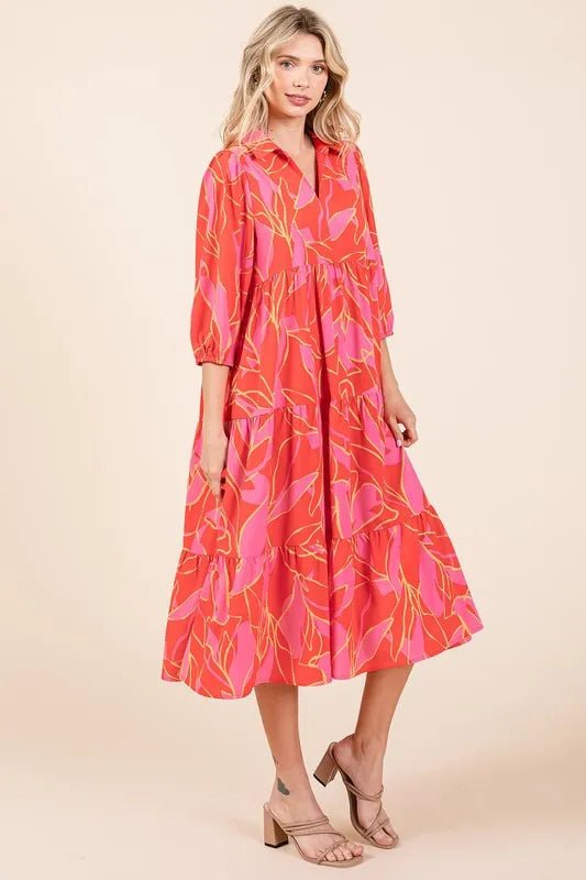 Mittoshop Tiered Printed Collared Neck Midi Dress for Women - Love Salve
