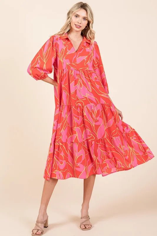 Mittoshop Tiered Printed Collared Neck Midi Dress for Women - Love Salve
