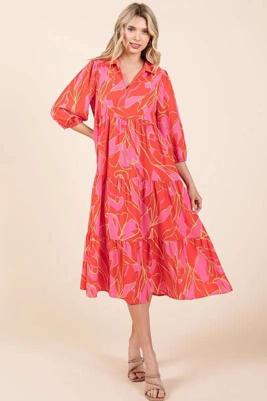 Mittoshop Tiered Printed Collared Neck Midi Dress for Women - Love Salve