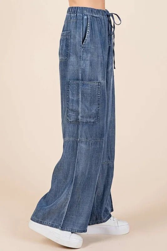 Mittoshop Washed Elastic Waist Cargo Wide Leg Pants Style - Love Salve
