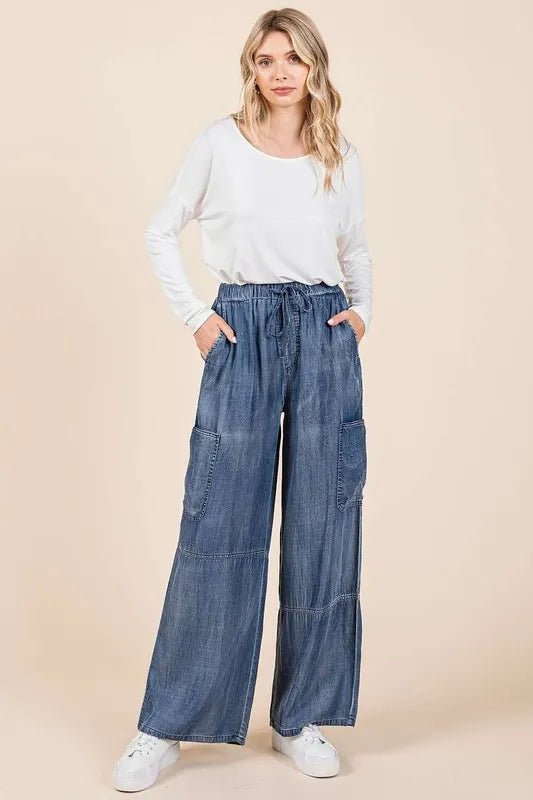 Mittoshop Washed Elastic Waist Cargo Wide Leg Pants Style - Love Salve