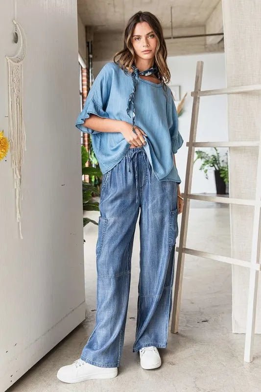 Mittoshop Washed Elastic Waist Cargo Wide Leg Pants Style - Love Salve