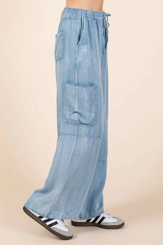 Mittoshop Washed Elastic Waist Cargo Wide Leg Pants Women - Love Salve