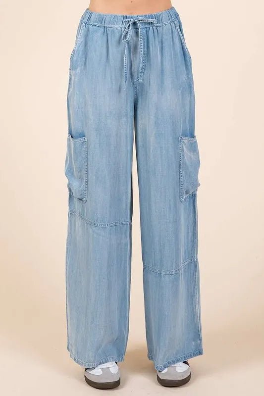 Mittoshop Washed Elastic Waist Cargo Wide Leg Pants Women - Love Salve
