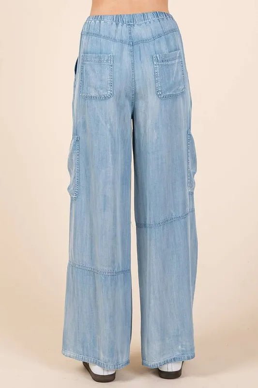 Mittoshop Washed Elastic Waist Cargo Wide Leg Pants Women - Love Salve