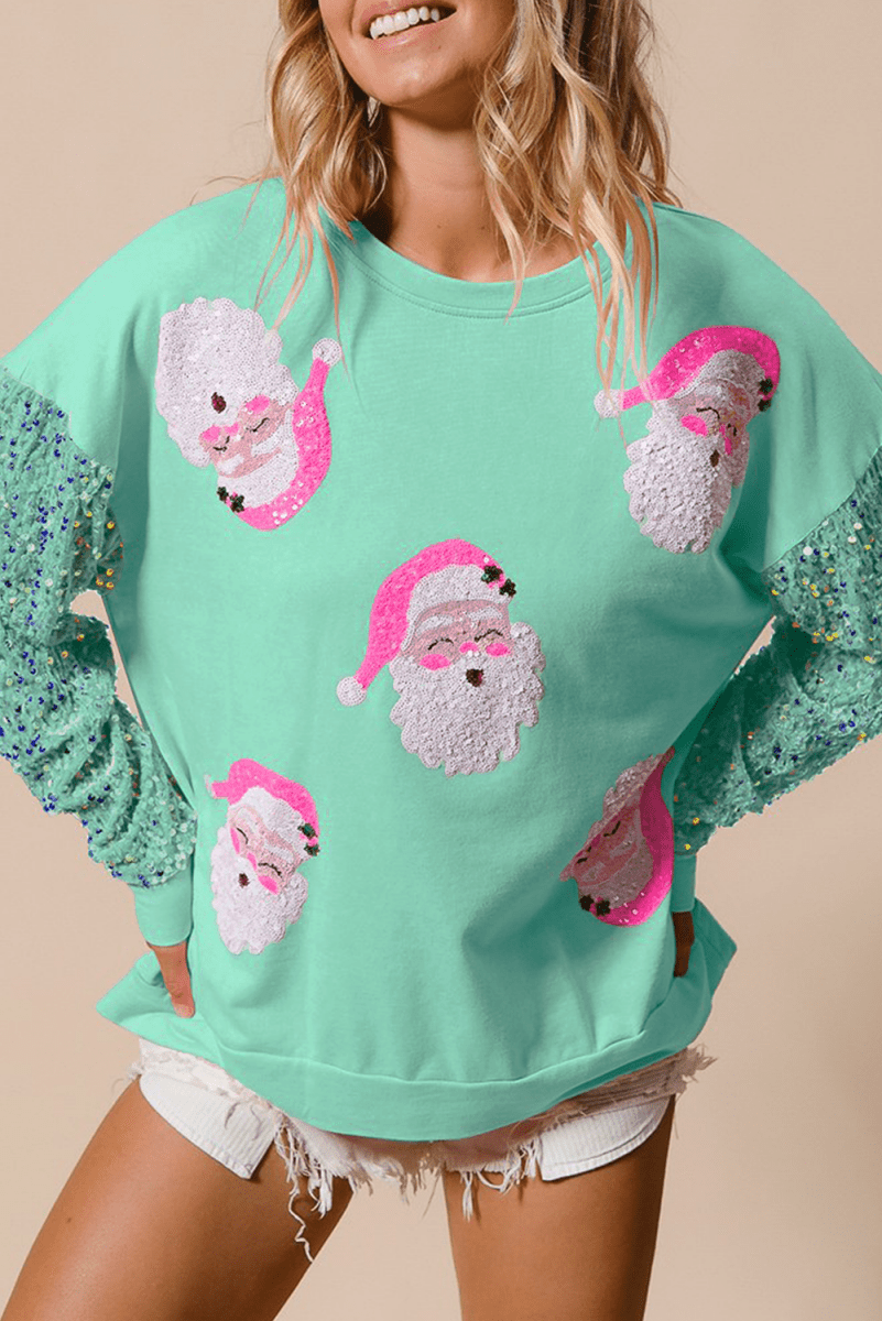 Moonlight Jade Sequined Santa Claus Long Sleeve Christmas Sweatshirt - Love Salve