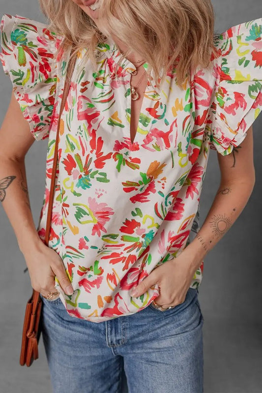 Multicolour Allover Floral Printed Flutter Sleeve Blouse - Love Salve