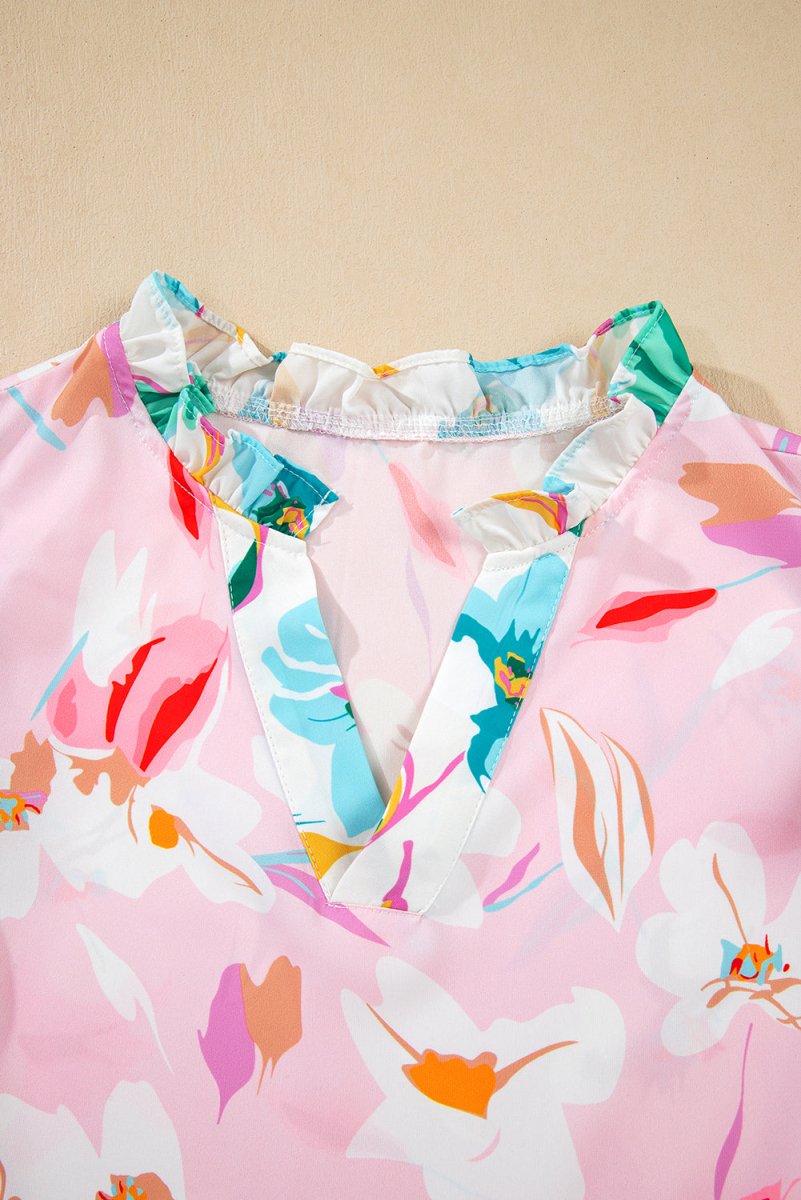 Multicolour Contrast Floral Patchwork Notched Neck Blouse - Love Salve
