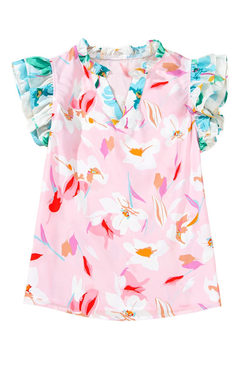 Multicolour Contrast Floral Patchwork Notched Neck Blouse - Love Salve