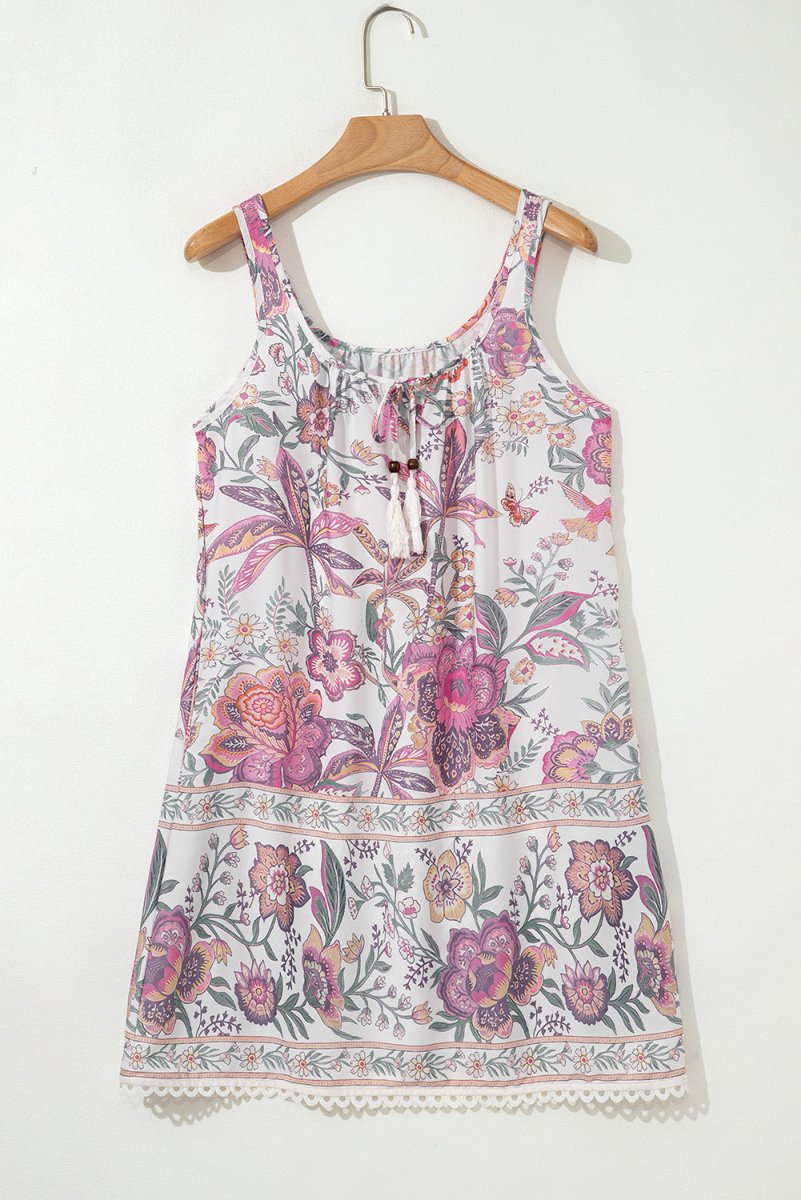 Multicolour Floral Print Fringed Tie U Neck Mini Dress - Love Salve