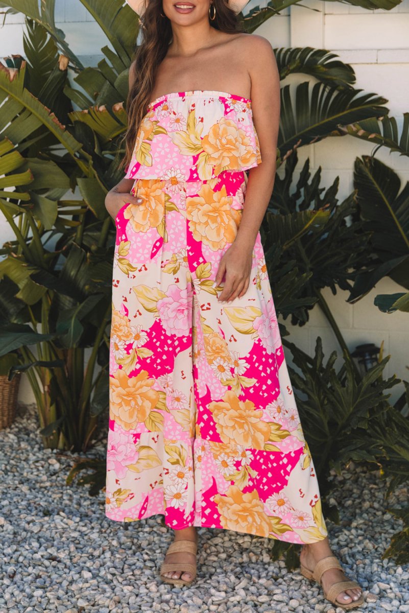 Multicolour Floral Print Ruffled High Waist Tube Top Jumpsuit - Love Salve