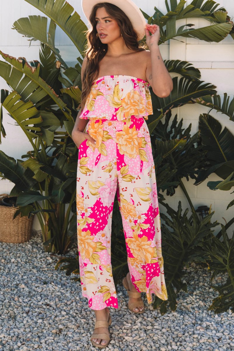 Multicolour Floral Print Ruffled High Waist Tube Top Jumpsuit - Love Salve