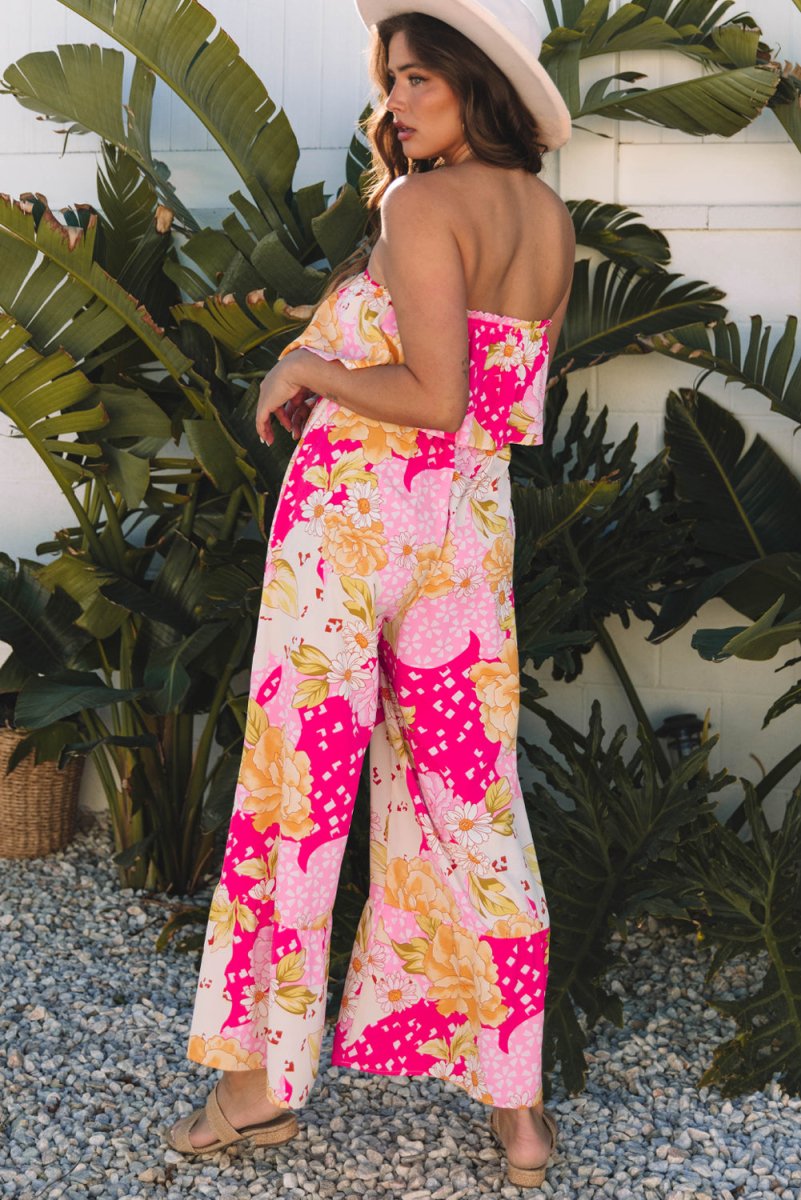 Multicolour Floral Print Ruffled High Waist Tube Top Jumpsuit - Love Salve