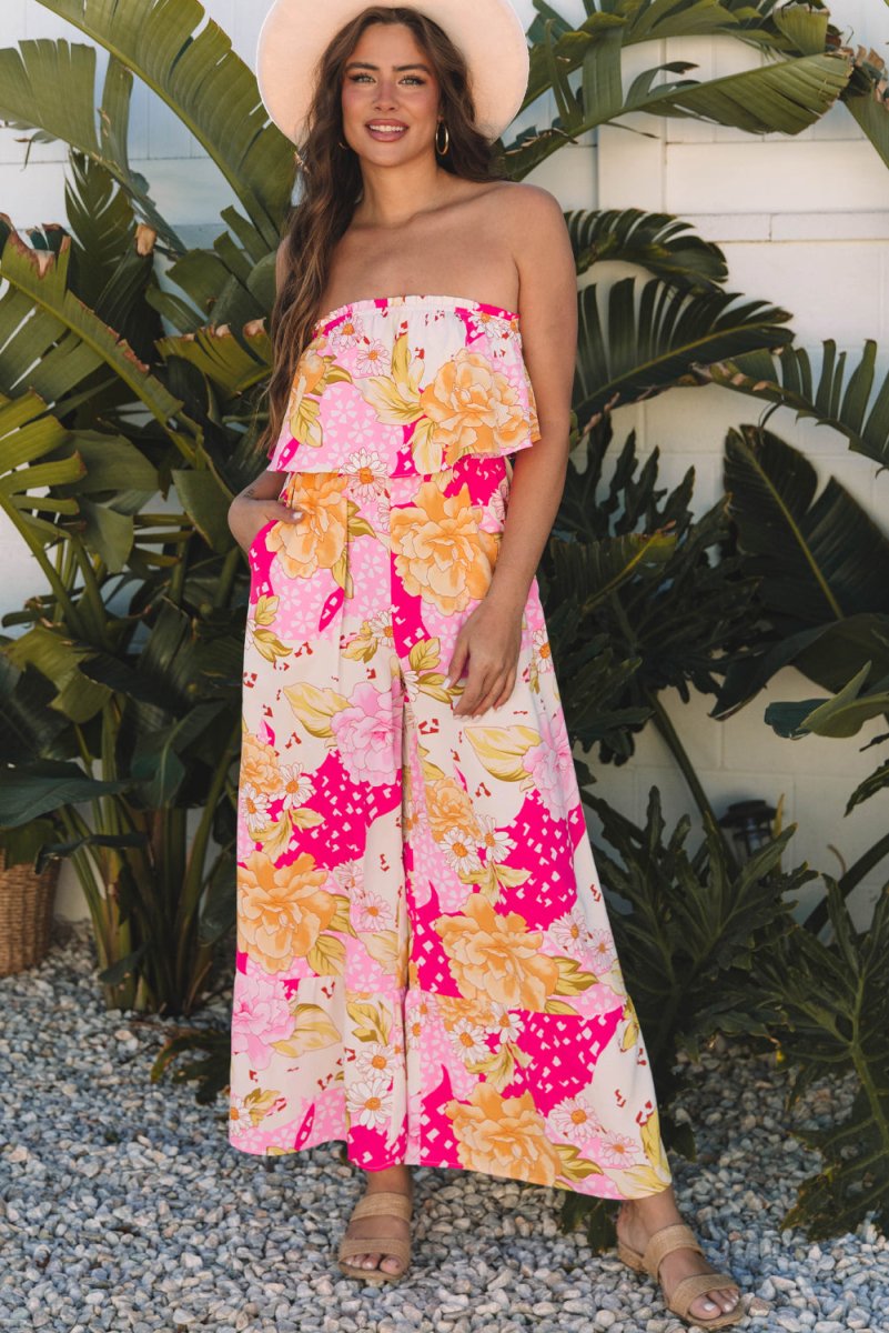 Multicolour Floral Print Ruffled High Waist Tube Top Jumpsuit - Love Salve