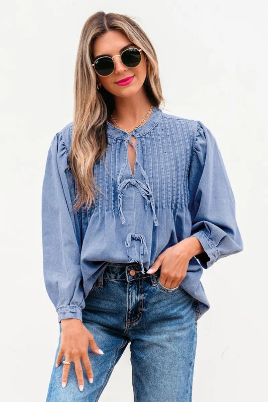 Myosotis Denim Front Pintuck Bow Tie Puff Sleeve Top - Love Salve
