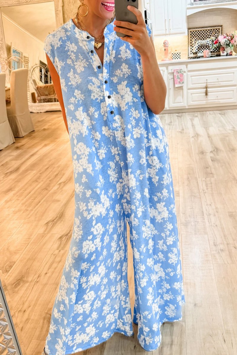 Myosotis Floral Print Half Button Wide Leg Relaxed Jumpsuit - Love Salve