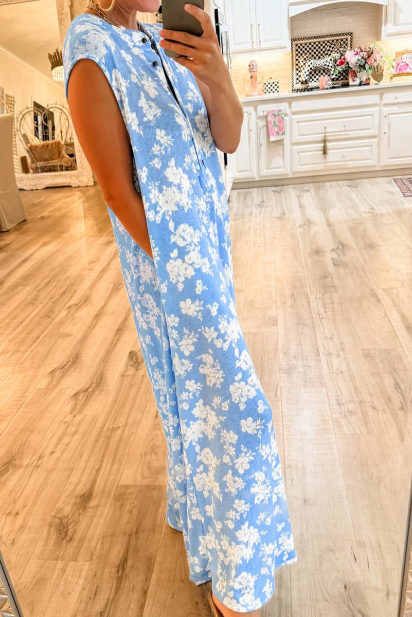 Myosotis Floral Print Half Button Wide Leg Relaxed Jumpsuit - Love Salve
