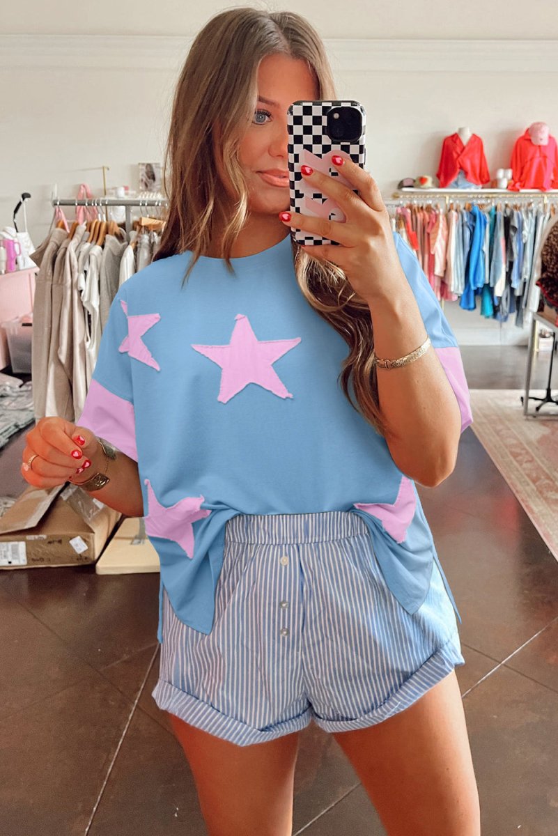 Myosotis Frayed Denim Star Patched Oversize T Shirt - Love Salve