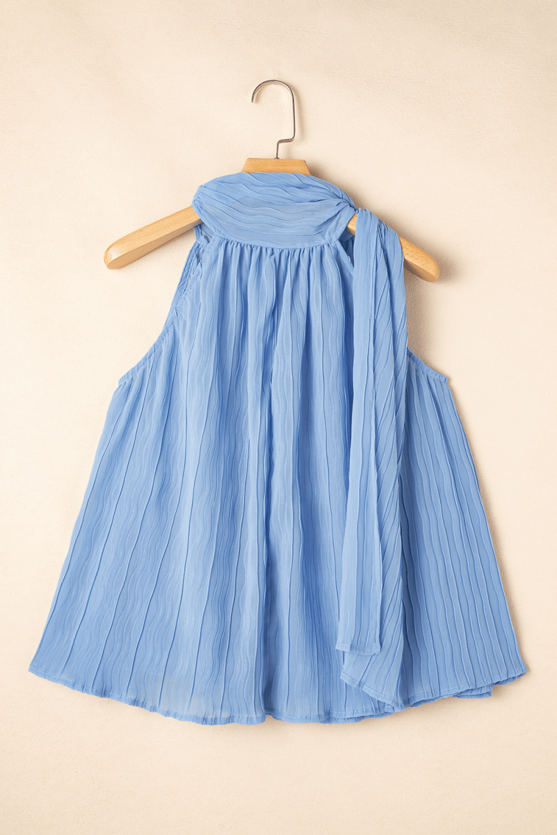 Myosotis Textured Pleated Tied Mock Neck Flowy Tank Top - Love Salve