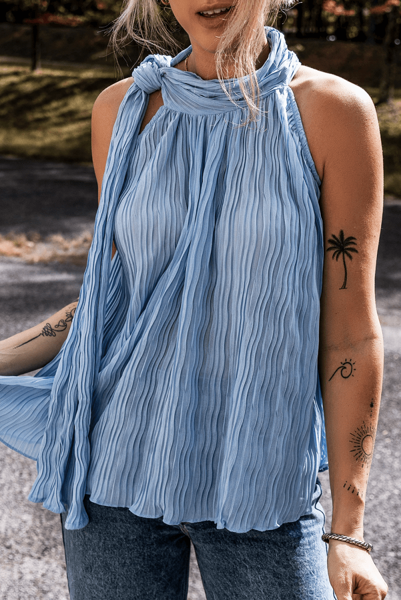 Myosotis Textured Pleated Tied Mock Neck Flowy Tank Top - Love Salve