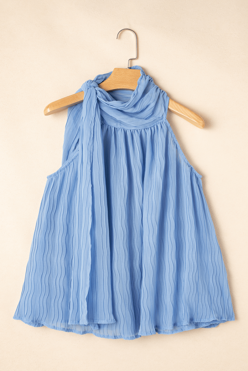 Myosotis Textured Pleated Tied Mock Neck Flowy Tank Top - Love Salve